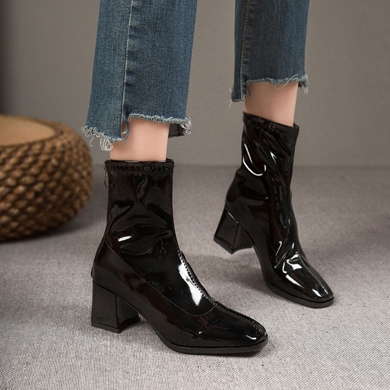 Women's French Style Square Toe Chunky Short High Western Rear Zipper Women's Leather Boots