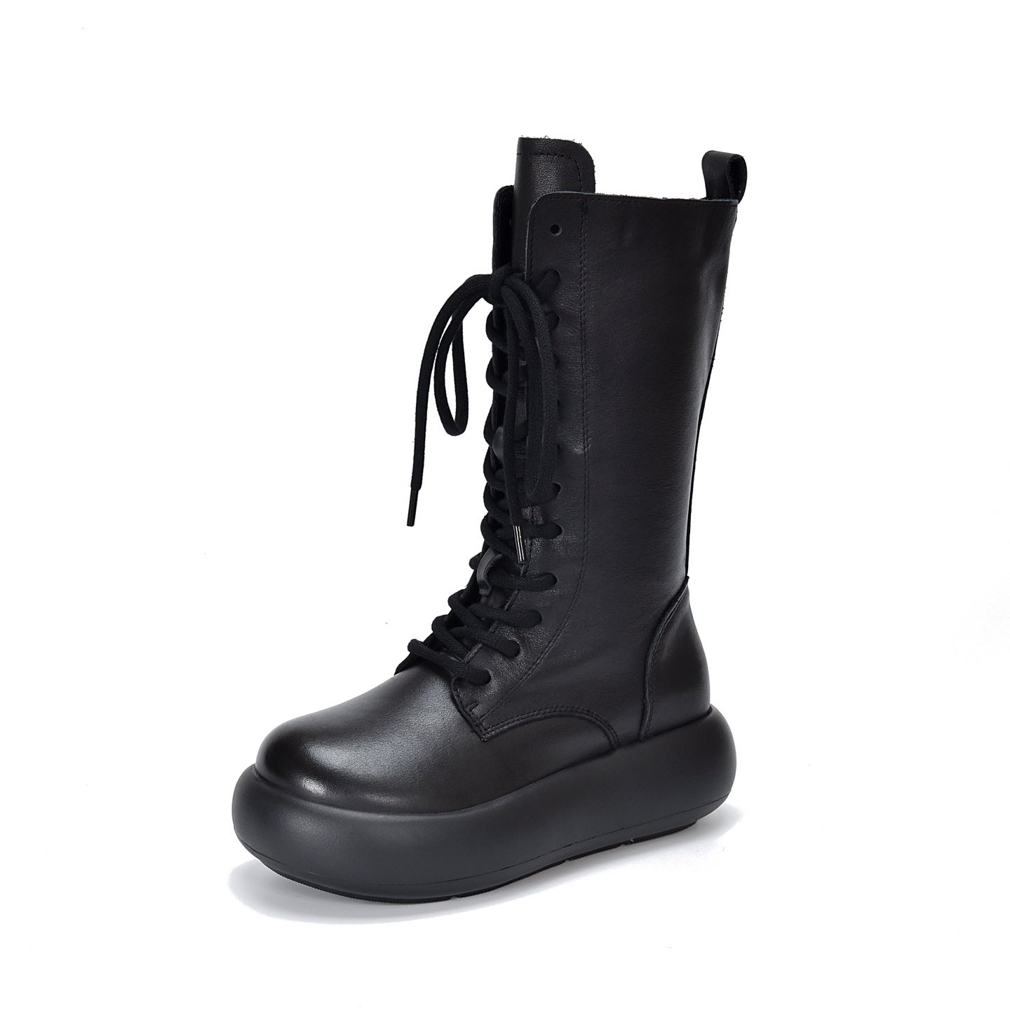 Women's Layer Cowhide Martin Round Head Thick Bottom Retro Single Side Women's Leather Boots