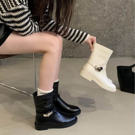 Women's Niche Design Knight Skinny Round Toe Flat Women's Leather Boots