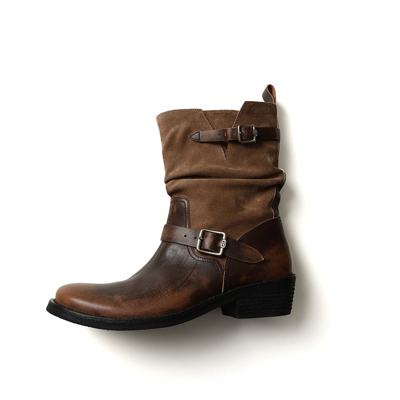 Women's Distressed Fashion Brushed Chunky Platform Knight Belt Boots