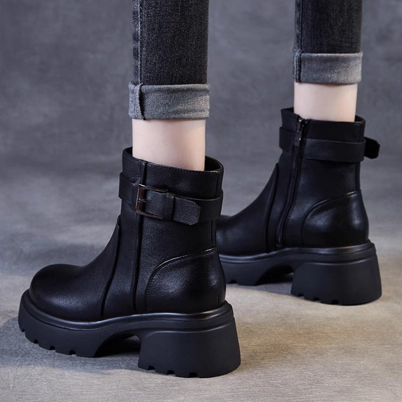 Women's Elevator Platform Chelsea Fleece-lined British Style Women's Leather Boots