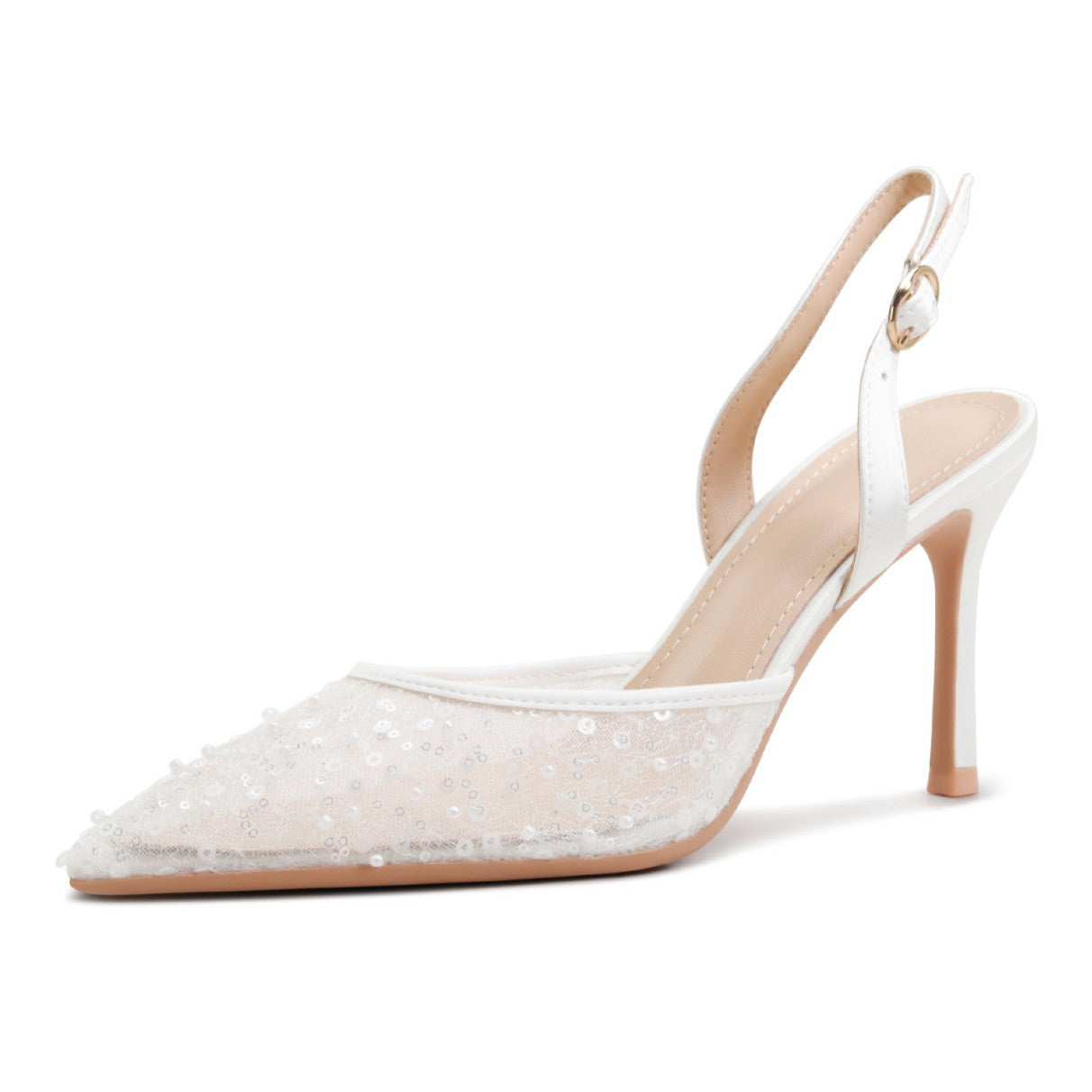 Women's Selection Summer Sequin Hollow White Lace Pointed Toe Satin Officiate High Heeled Sandals
