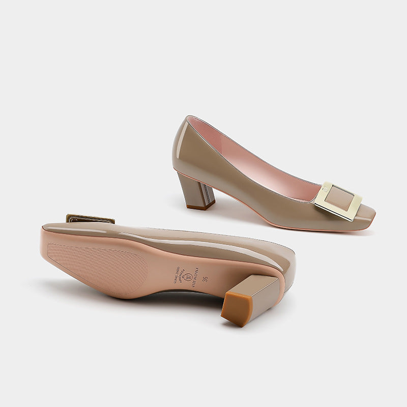 Women's Patent Square Buckle Chunky Mid Toe Low-cut Women's Fashion Shoes