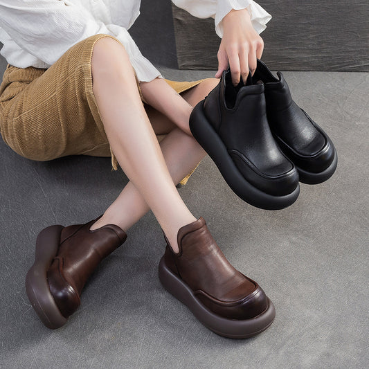 Women's Cowhide Retro Height Increasing Single-layer Ankle Design Women's Shoes