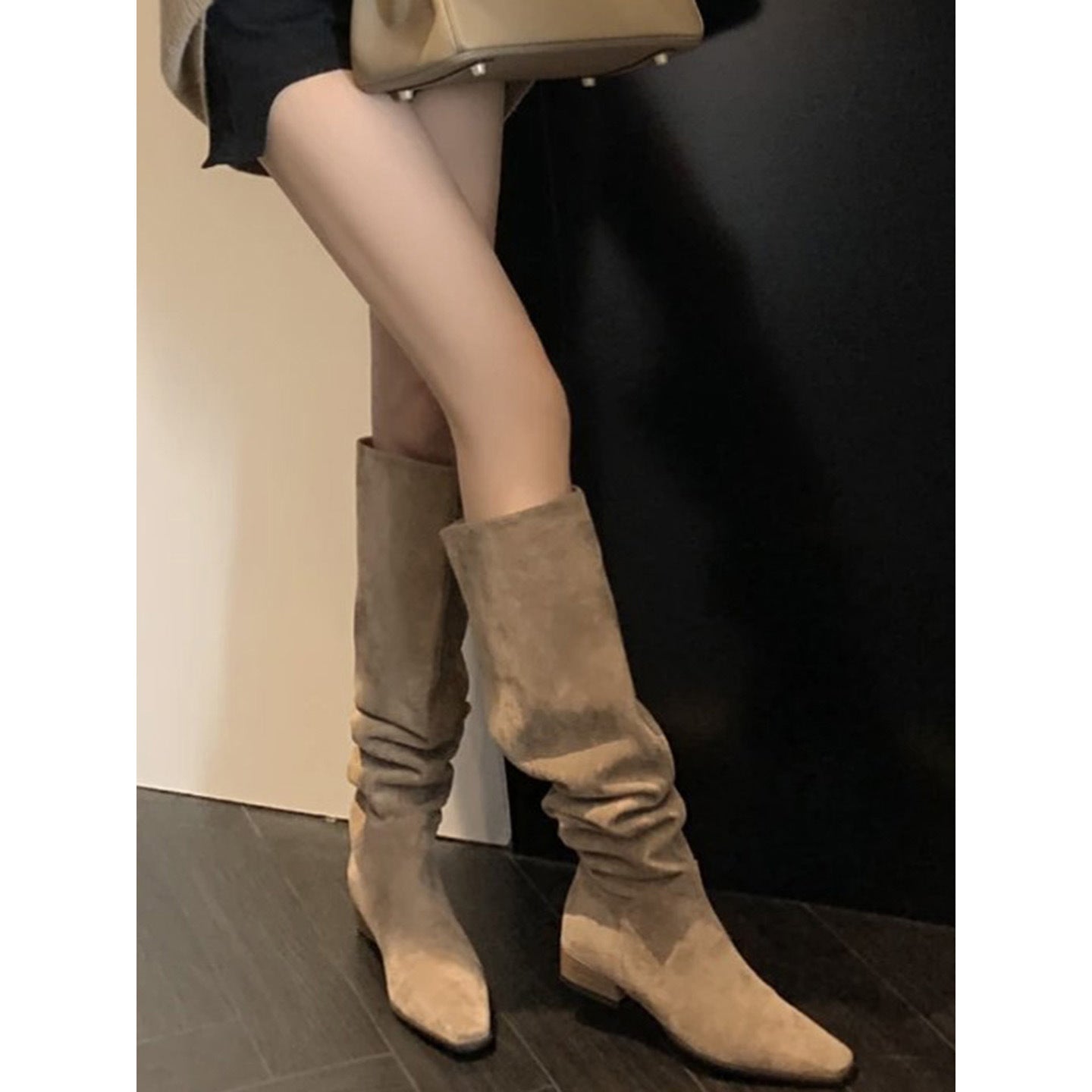 Hair Height Increasing Insole Vintage Crumpled Pile Style Western Cowboy Women's Leather Boots