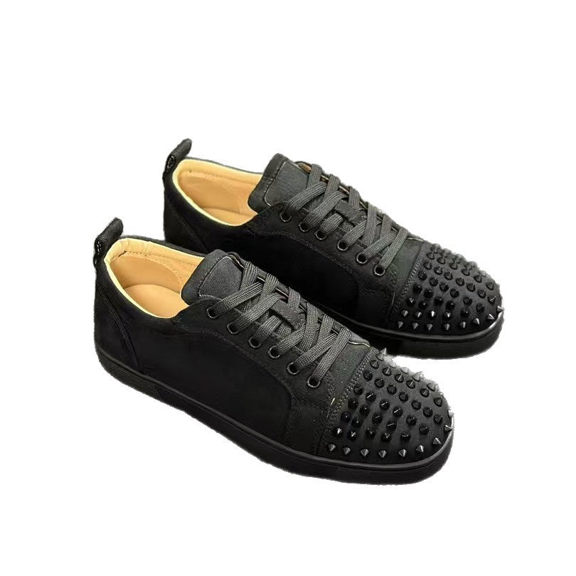 Men's Embroidered Black Low Top Rivet Flat Men's Casual Shoes
