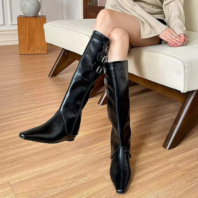 Women's Height Increasing Insole Pointed Detachable Long Tube Knee-high Brown Boots