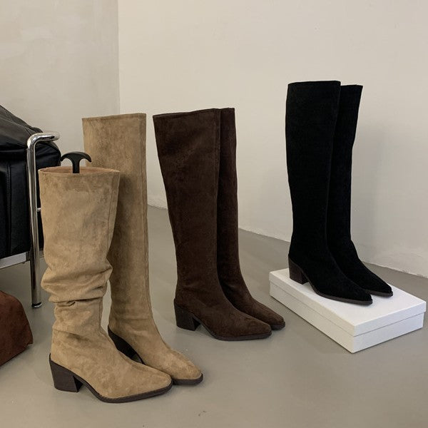 Women's Elegant Chunky Khaki Over The Knee Women's Leather Boots