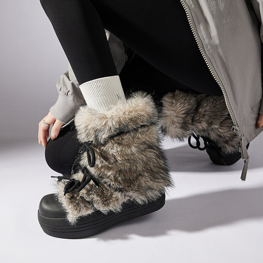Platinum Plush Warm Long Wool Bow Round Toe Boots
