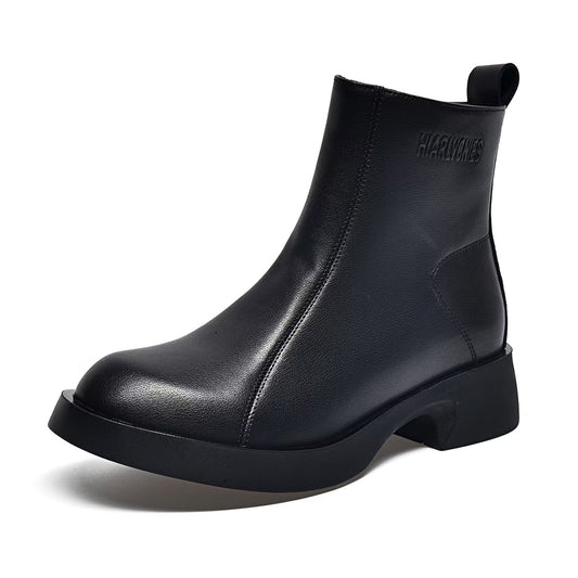 Women's Martin Simple Flat Short Cowhide Round Boots