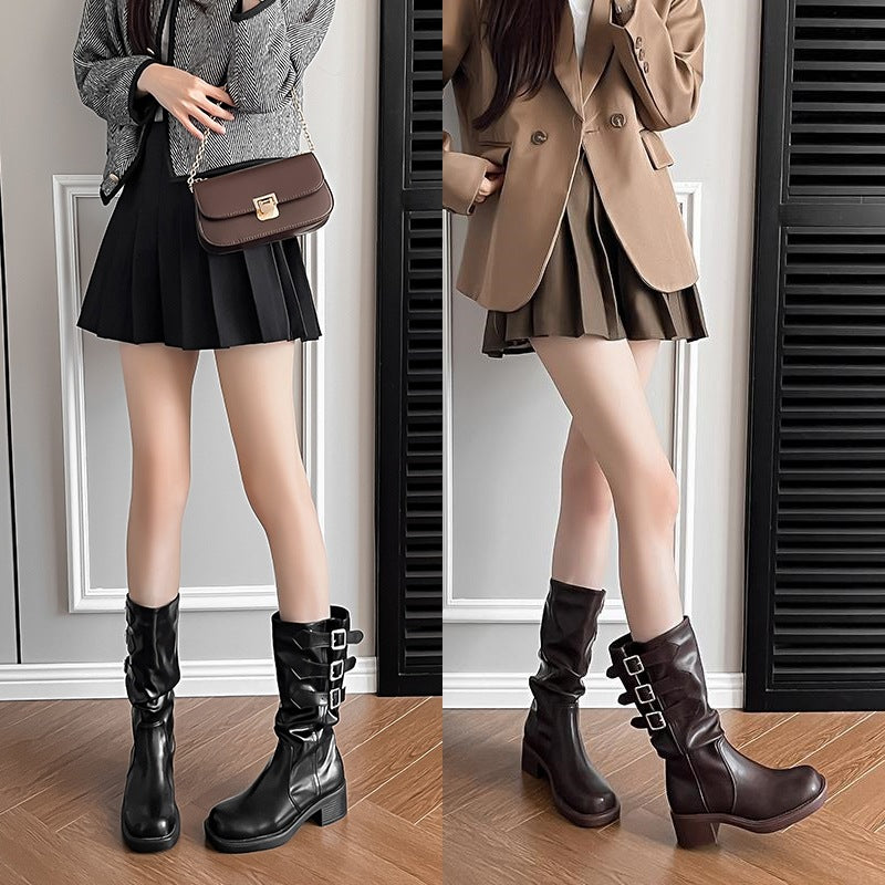 Women's Trendy Retro Belt Buckle Booties Western Boots