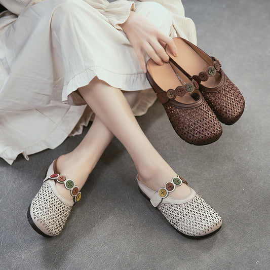 Women's First Layer Cowhide Outer Wear Hollow Breathable Flat Slippers