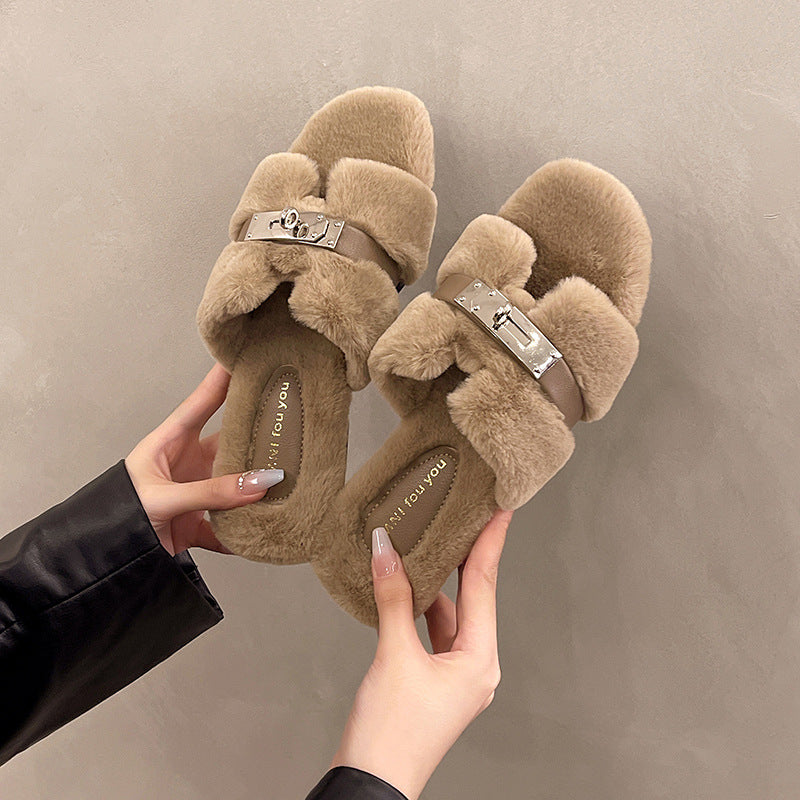 Women's Fluffy Thick-soled Flip-flops Classic Style Plush Sandals