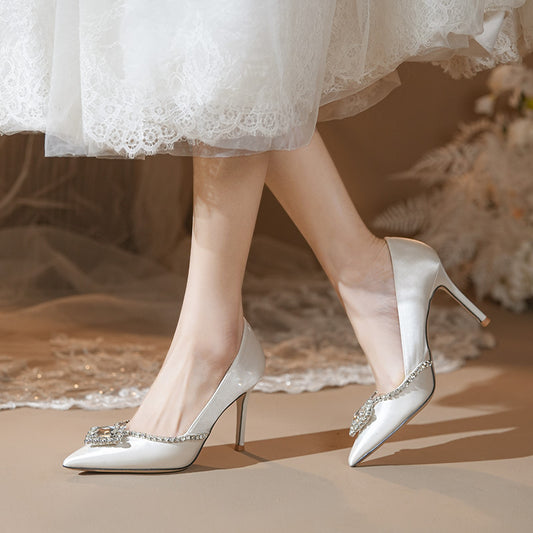 Women's White Rhinestone High Pointed Stiletto Satin French Wedding Dress Bride Women's Fashion Shoes