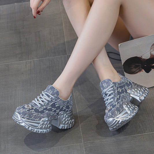 Women's Dad Platform Height Increasing Rhinestone Denim Korean Fashion Casual Shoes