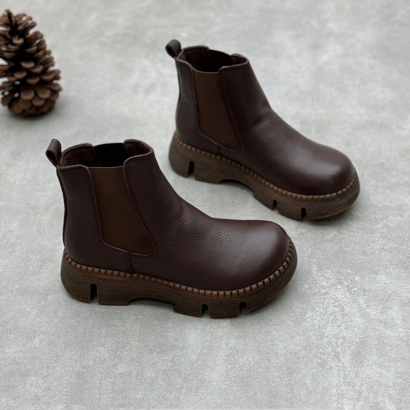 Women's Short Round Toe Muffin Bottom Slip-on Cowhide Women's Leather Boots