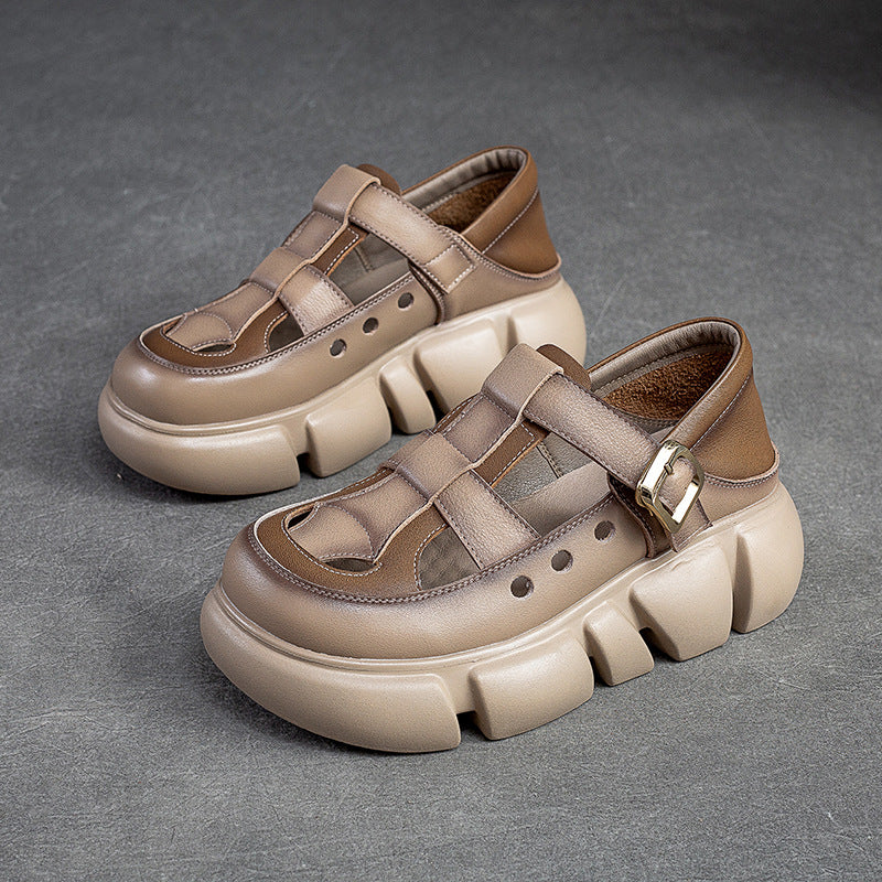 Women's Head Buckle Retro Style Top Layer Platform Sandals