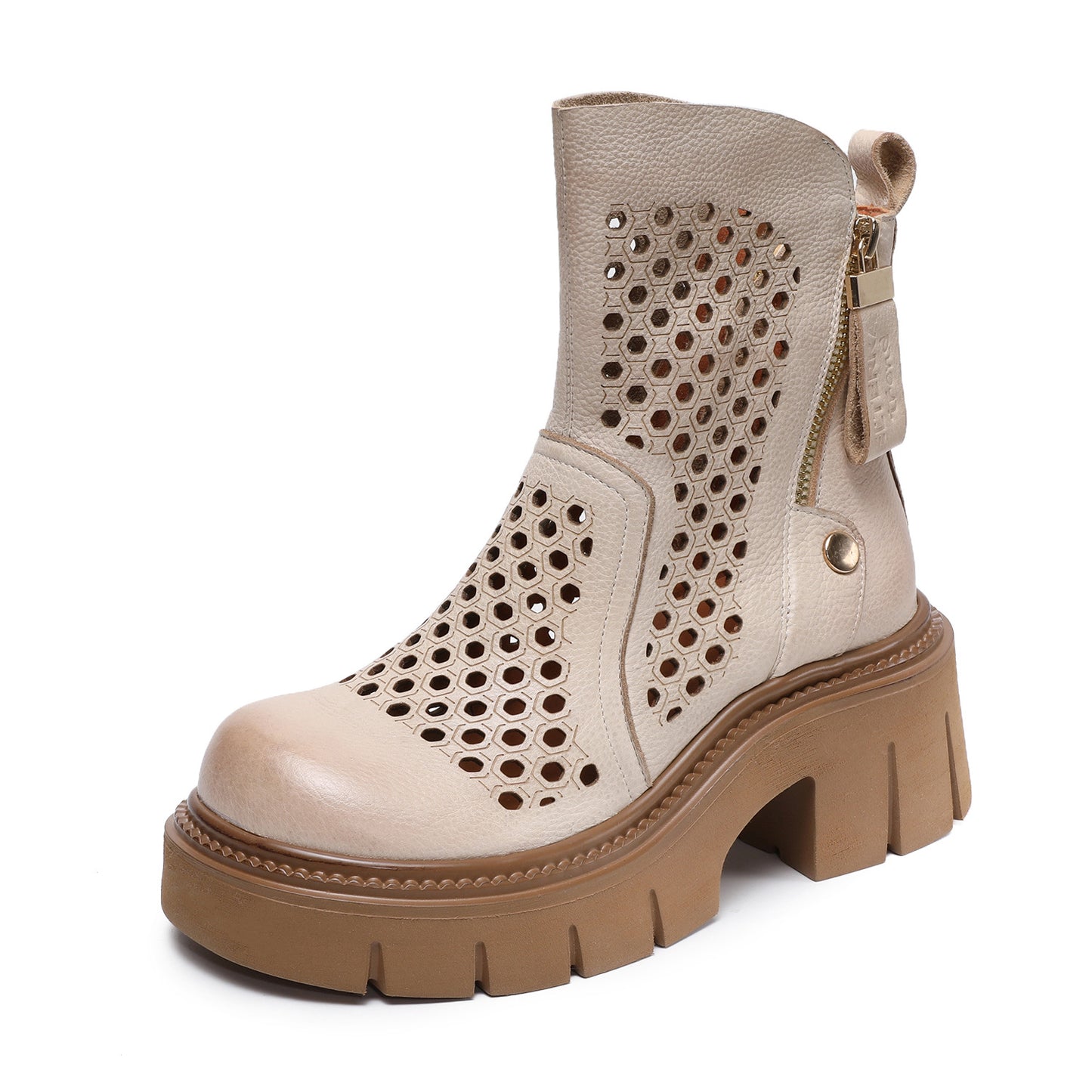 Women's Retro Side Zipper Hollow Hole Fashion First Layer Cowhide Women's Leather Boots