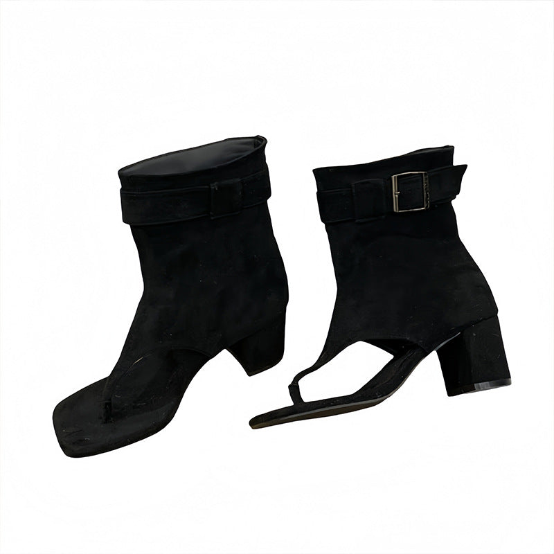 Women's Style Belt Buckle Sleeve Clip Toe Flip-flops Thick Short Pants High Heeled Sandals