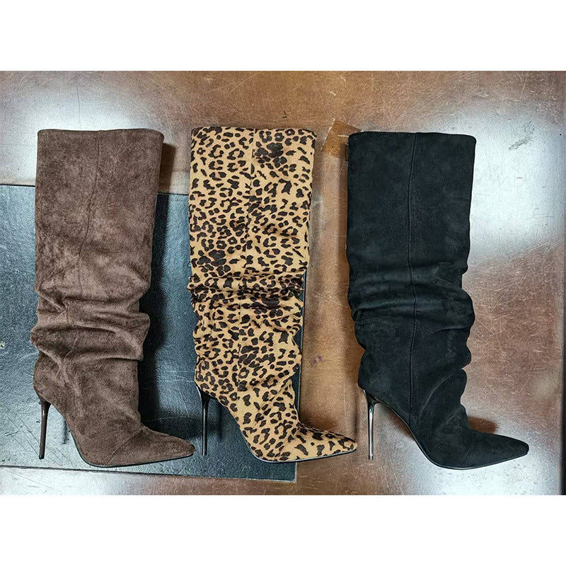 Women's High Side Zipper Pleated Leopard Print Women's Leather Boots