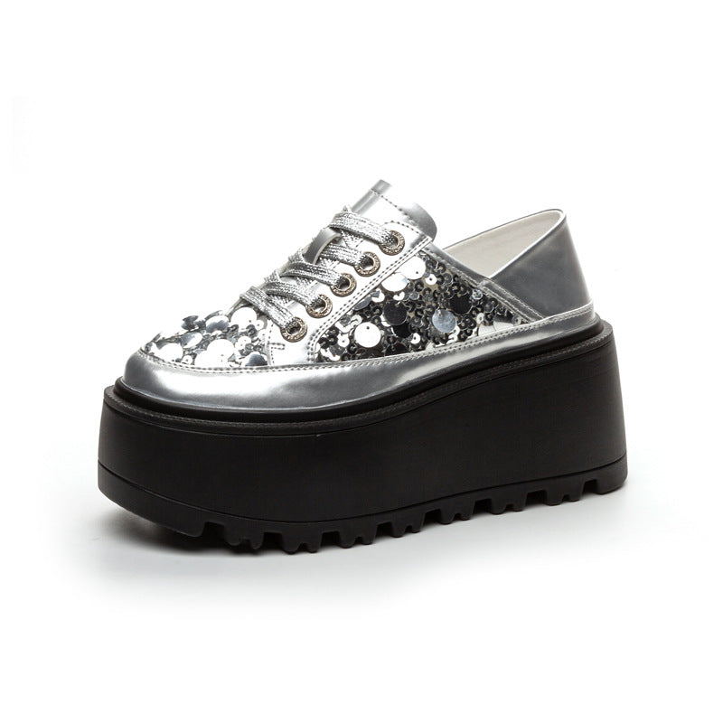 Women's Wear Thick Bottom Thin Mesh Sequins Solid Color Women's Casual Shoes