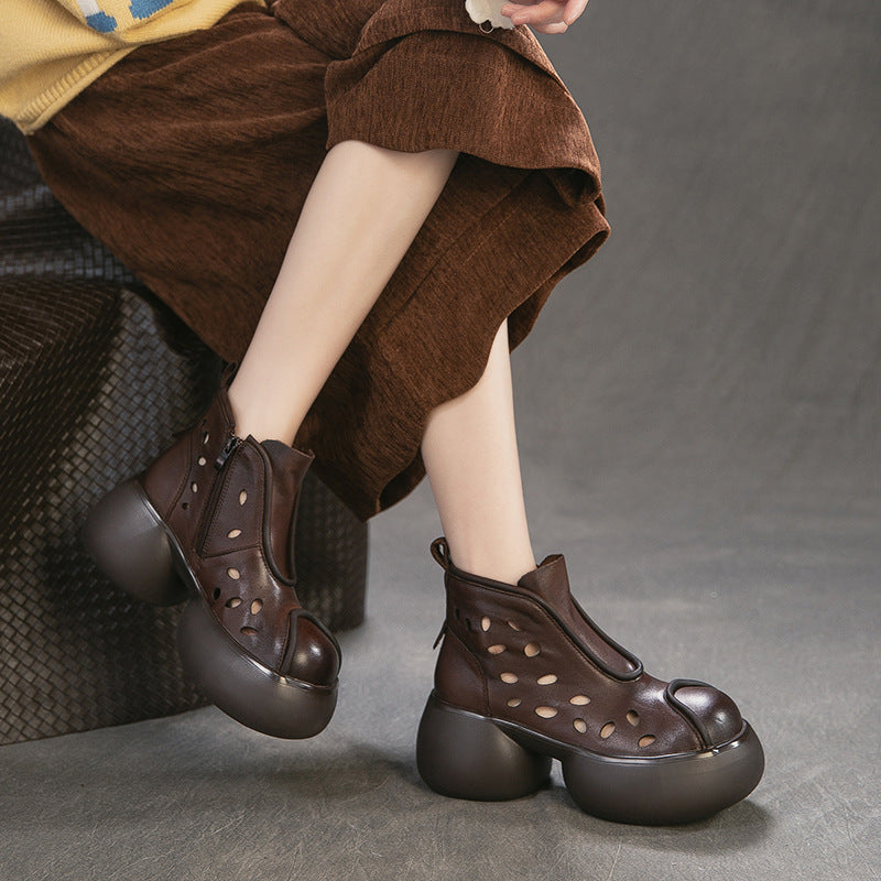 Women's First Layer Cowhide Round Toe Hollowed Fashion Platform Women's Shoes