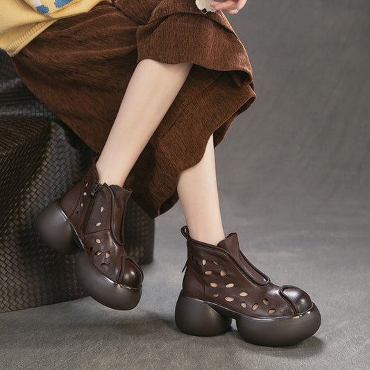Women's First Layer Cowhide Round Toe Hollowed Fashion Platform Women's Shoes