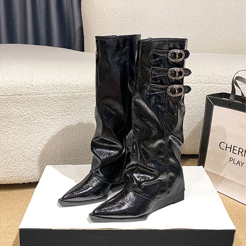 Women's Sheepskin Version Height Increasing Pantyhose Skinny Retro Below The Knee Women's Leather Boots