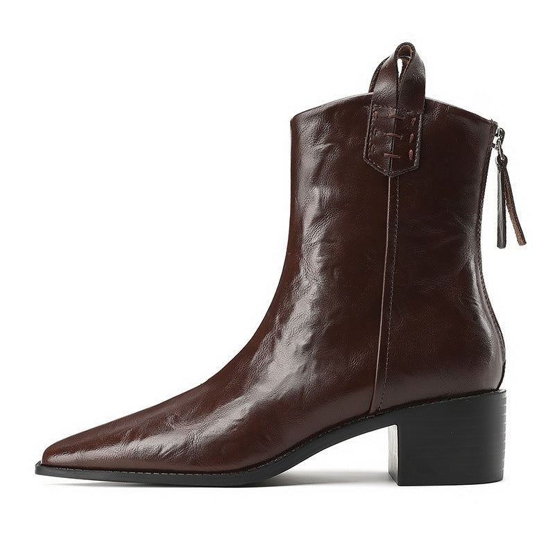 Short Retro Grip Pattern Female Chunky Women's Leather Boots