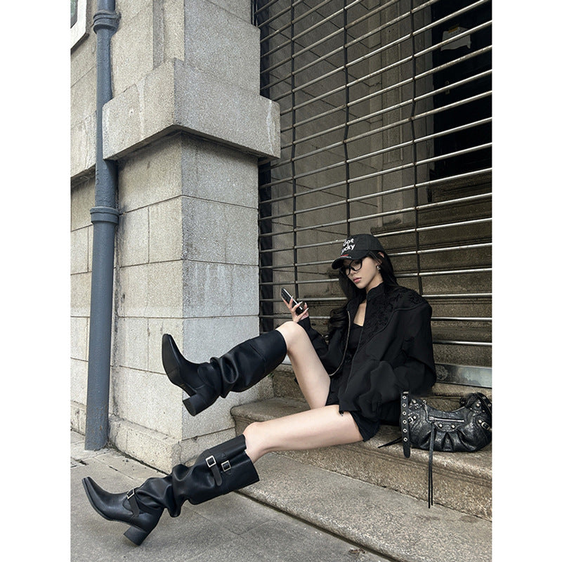 Women's Genuine Pointed Toe Below The Knee Women's Leather Boots