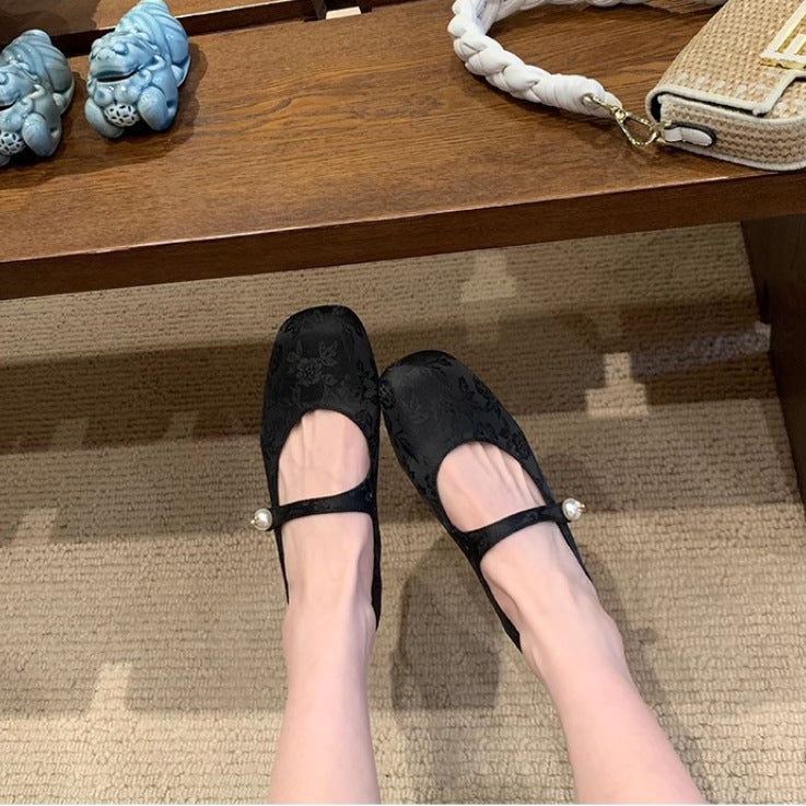Women's Pearl With Square Head Jacquard Mary Women's Shoes