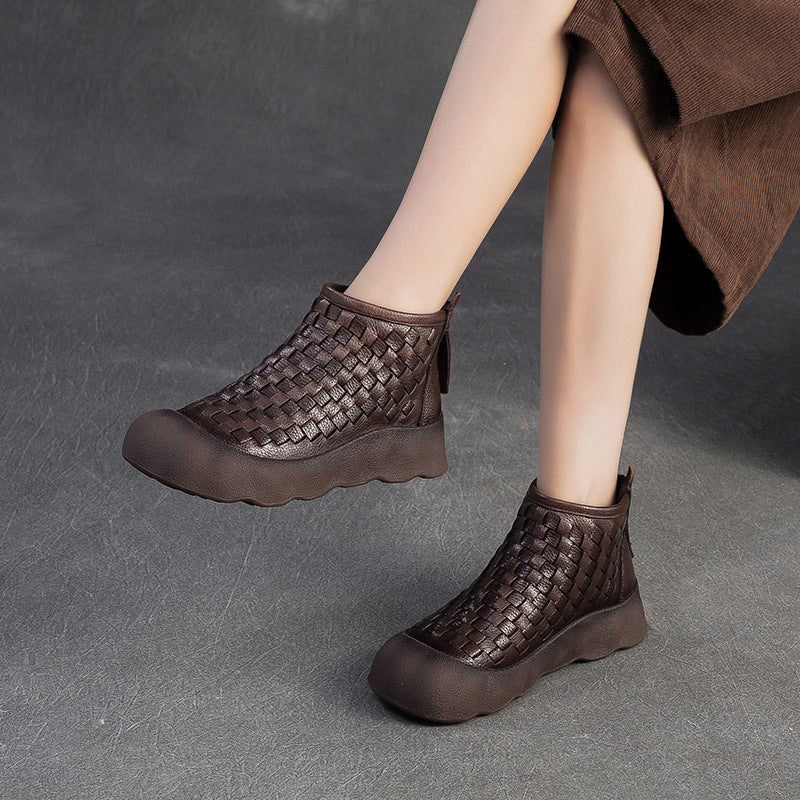 Women's Handmade Weave Vintage Booties Comfortable Platform Women's Leather Boots