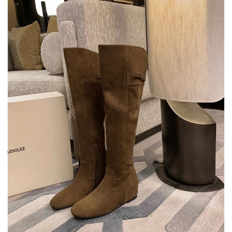 Insole Pointed Round Head Buckle Style Thin Bottom Over The Women's Leather Boots