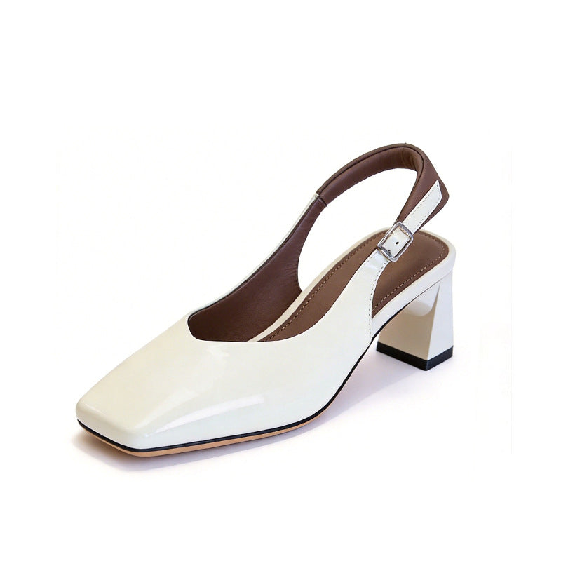 Women's Cowhide French For Low-cut Square Toe Closed Back Empty Slip-on Heels