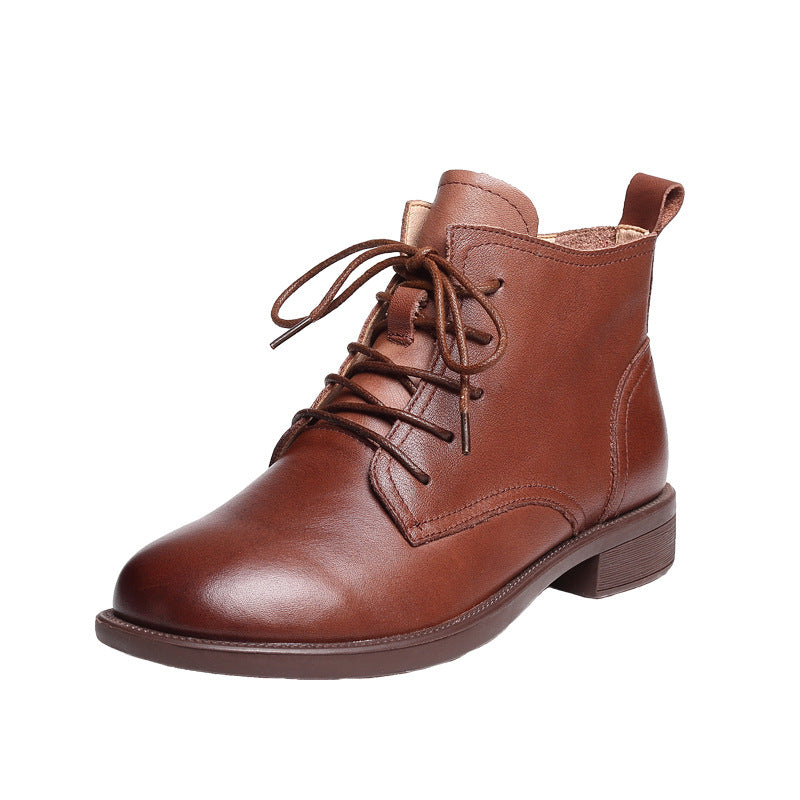 British Style Cow Round Toe Side Zipper Flat Boots