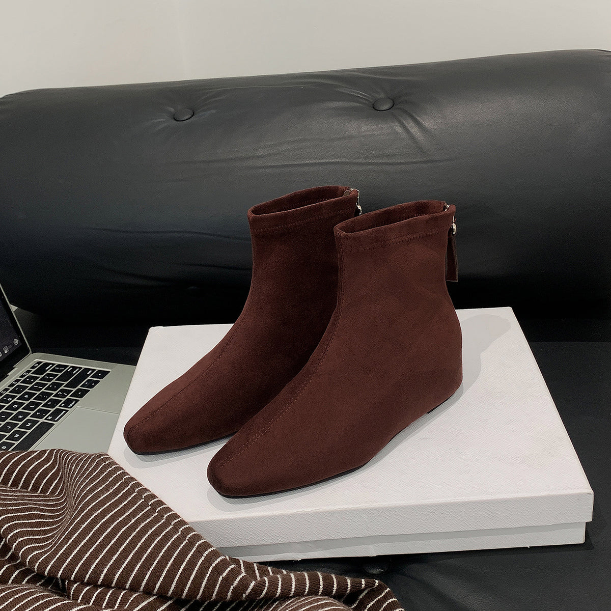Women's Square Toe Temperament Wild Height Increasing Insole Skinny Retro Fashion Women's Leather Boots