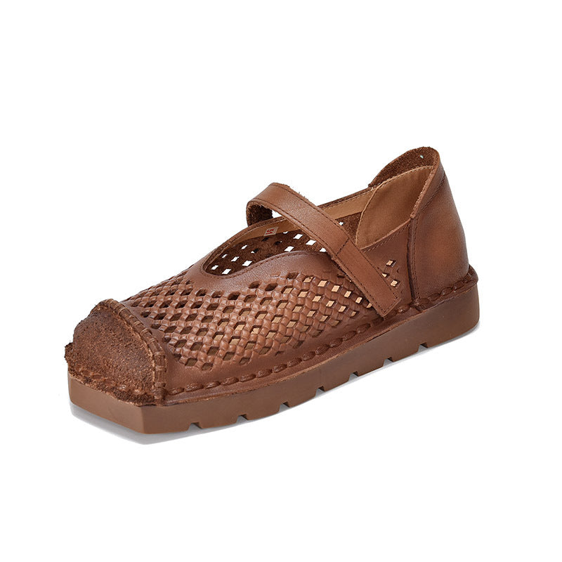 Women's Hollow Square Toe Breathable With First Layer Retro Holes In Sandals