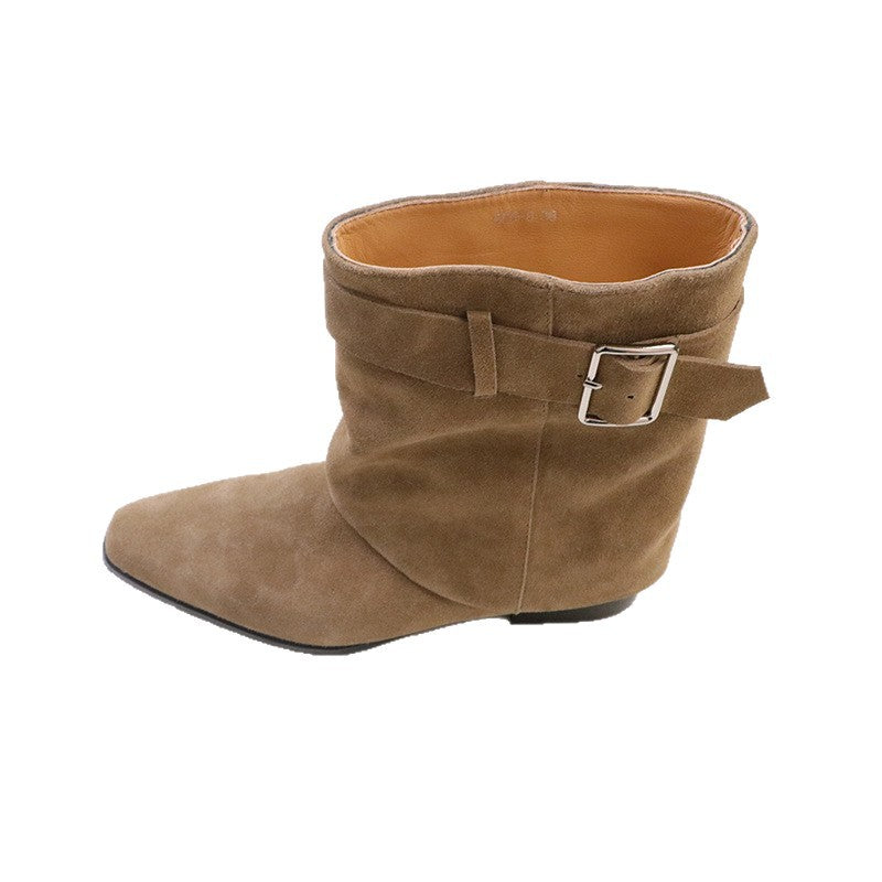 Women's Toe Belt Buckle Short Fashionable Suede Women's Leather Boots