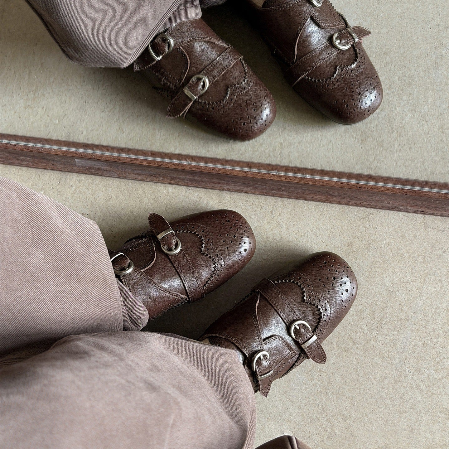 Style Brogue Double Buckle Sheepskin Female Leather Shoes