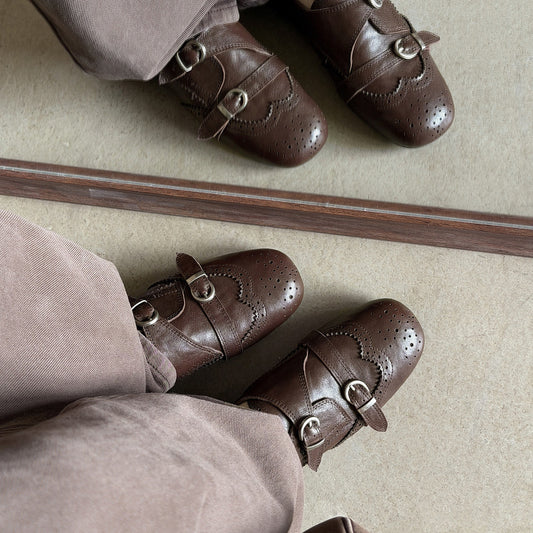 Style Brogue Double Buckle Sheepskin Female Leather Shoes