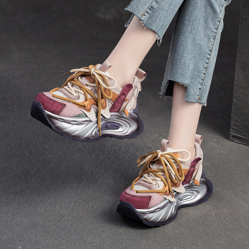 Women's Spring Color Matching Fashion Clunky Small Height Increasing Breathable Mesh Women's Shoes