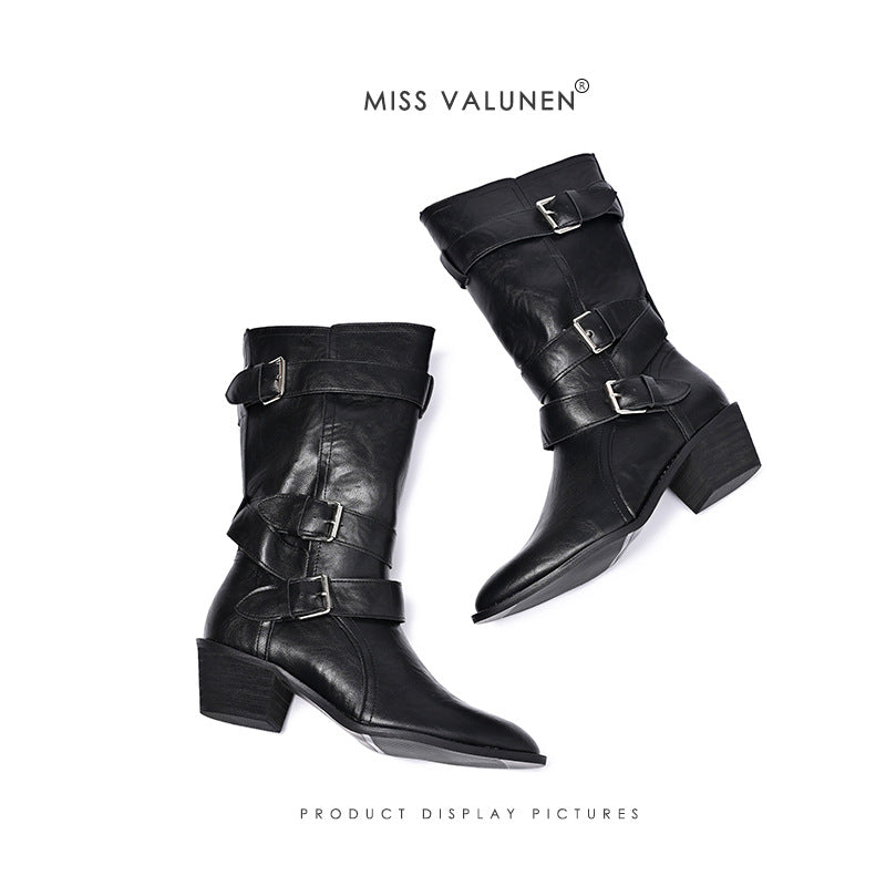 Women's Warren Pointed Toe Chunky Western Cowboy Knight Women's Leather Boots