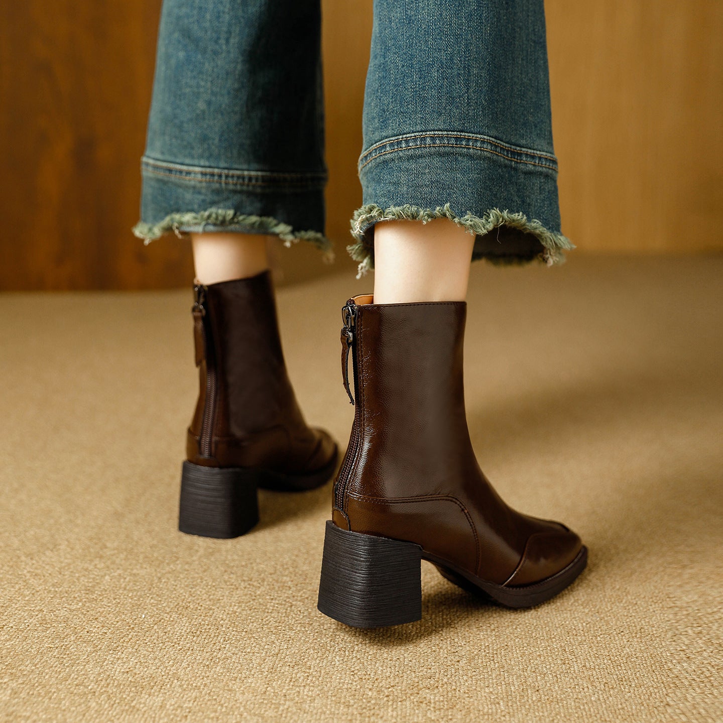 Women's Skinny French Brown Winter Chunky Square Women's Leather Boots