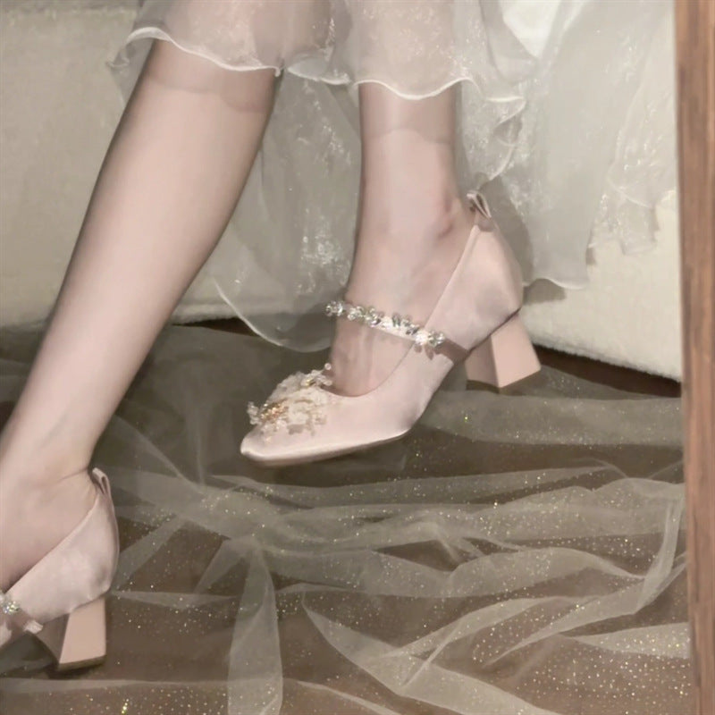 Women's Increasing Insole French Style Satin Surface Thick Bowknot Mary Jane Women's Fashion Shoes