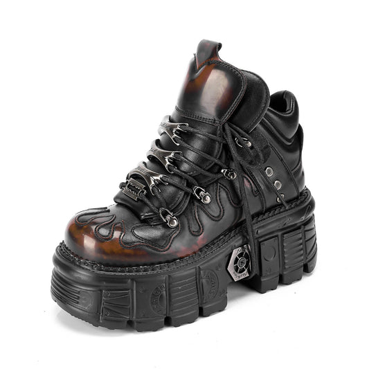 Women's & Men's Dark Platform Thick Bottom Punk Metal Heightened Single Layer Motorcycle Women's Leather Boots