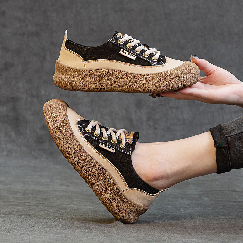 Women's Layer Cowhide Big Head Autumn Retro Color Matching Flat-heeled Casual Shoes