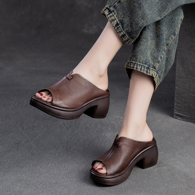 Women's Shu Summer Peep Toe Thick Bottom Top Layer Cowhide Slippers