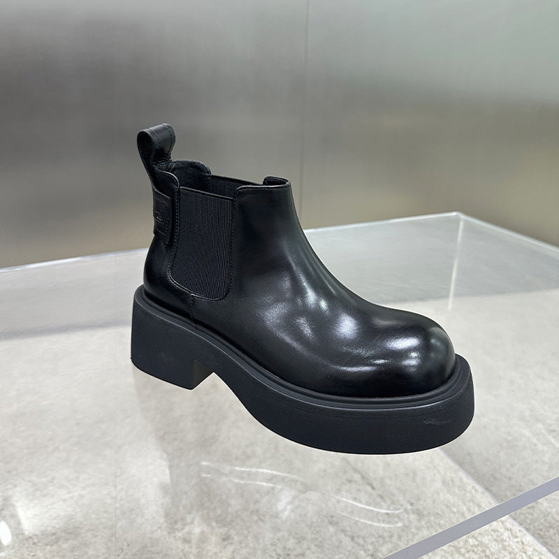 Women's Chelsea Booties European Goods Platform Smoke Pipe Muffin Round Women's Leather Boots