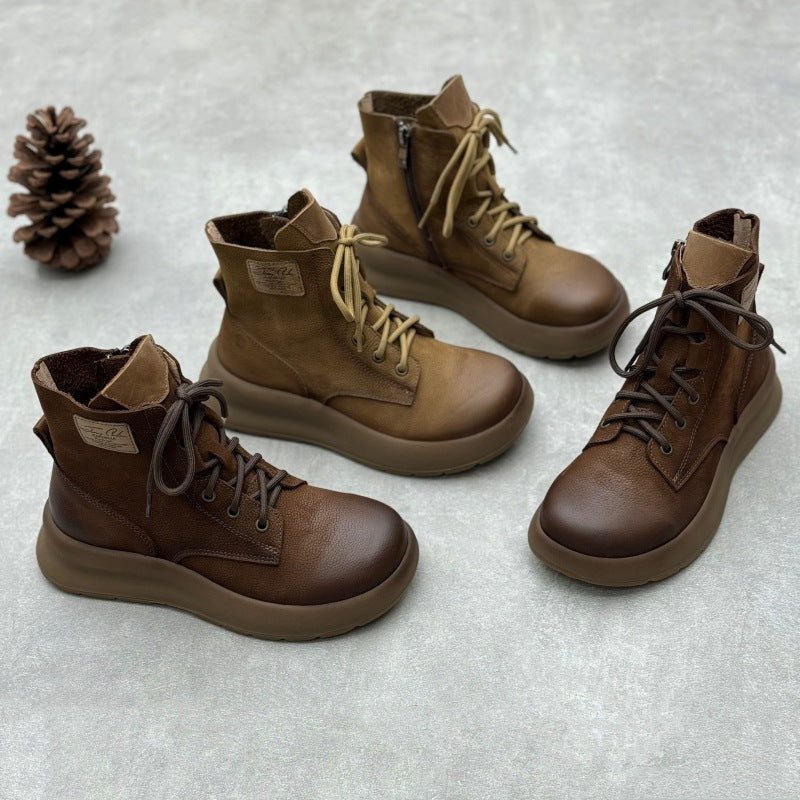 Women's Handmade Thick-soled Martin Retro Artistic Round Toe Side Zip Women's Leather Boots