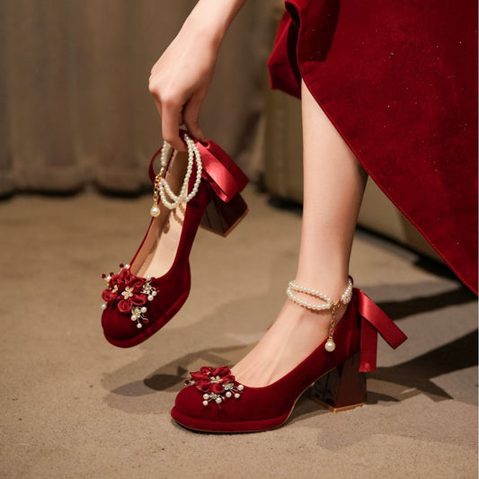 Wine Red Flower Mary Jane Wedding Super High Not Heels